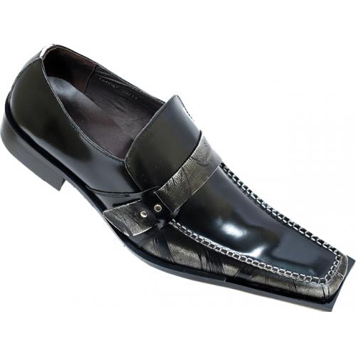 Zota Black Artisan Brush Strokes With Side Straps And Spigolo Toe Leather Shoes G6006F-20